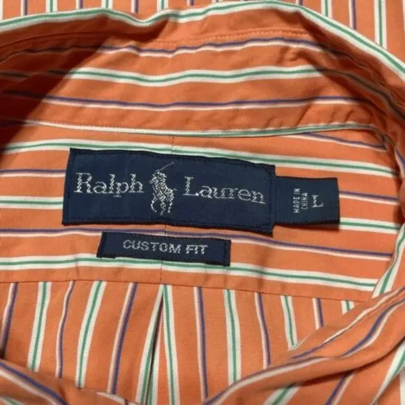 Ralph Lauren Mens  Sz Large Orange Striped Custom Fit Long Sleeve Shirt - Picture 3 of 6